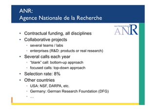 ANR:
Agence Nationale de la Recherche
•  Contractual funding, all disciplines
•  Collaborative projects
◦  several teams / labs
◦  enterprises (R&D: products or real research)
•  Several calls each year
◦  “blank” call: bottom-up approach
◦  focused calls: top-down approach
•  Selection rate: 8%
•  Other countries
◦  USA: NSF, DARPA, etc.
◦  Germany: German Research Foundation (DFG)
◦  …
 