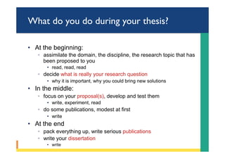 What do you do during your thesis?
•  At the beginning:
◦  assimilate the domain, the discipline, the research topic that has
been proposed to you
•  read, read, read
◦  decide what is really your research question
•  why it is important, why you could bring new solutions
•  In the middle:
◦  focus on your proposal(s), develop and test them
•  write, experiment, read
◦  do some publications, modest at first
•  write
•  At the end
◦  pack everything up, write serious publications
◦  write your dissertation
•  write
 