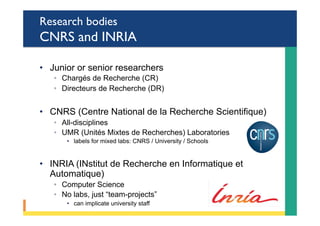 Research bodies
CNRS and INRIA
•  Junior or senior researchers
◦  Chargés de Recherche (CR)
◦  Directeurs de Recherche (DR)
•  CNRS (Centre National de la Recherche Scientifique)
◦  All-disciplines
◦  UMR (Unités Mixtes de Recherches) Laboratories
•  labels for mixed labs: CNRS / University / Schools
•  INRIA (INstitut de Recherche en Informatique et
Automatique)
◦  Computer Science
◦  No labs, just “team-projects”
•  can implicate university staff
 