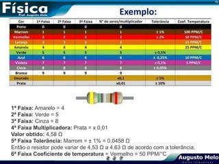 Exemplo:
1ª Faixa: Amarelo = 4
2ª Faixa: Verde = 5
3ª Faixa: Cinza = 8
4ª Faixa Multiplicadora: Prata = x 0,01
Valor obtido: 4,58 Ω
5ª Faixa Tolerância: Marrom = ± 1% = 0,0458 Ω
Então o resistor pode variar de 4,53 Ω a 4,63 Ω de acordo com a tolerância.
6ª Faixa Coeficiente de temperatura = Vermelho = 50 PPM/°C
 