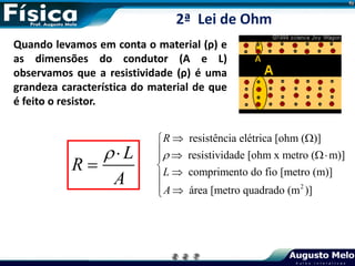 Quando levamos em conta o material (ρ) e
as dimensões do condutor (A e L)
observamos que a resistividade (ρ) é uma
grandeza característica do material de que
é feito o resistor.
L
R
A


2
resistência elétrica [ohm ( )]
resistividade [ohm x metro ( m)]
comprimento do fio [metro (m)]
área [metro quadrado (m )]
R
L
A

 

  




 

2ª Lei de Ohm
 