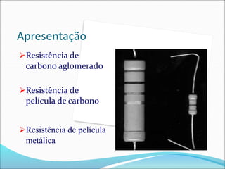 Apresentação
Resistência de
carbono aglomerado
Resistência de
película de carbono
Resistência de película
metálica
 