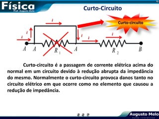 i
i
i
Curto-circuito
A B
A

A

1
R 2
R
Curto-circuito é a passagem de corrente elétrica acima do
normal em um circuito devido à redução abrupta da impedância
do mesmo. Normalmente o curto-circuito provoca danos tanto no
circuito elétrico em que ocorre como no elemento que causou a
redução de impedância.
i i
i
Curto-Circuito
 