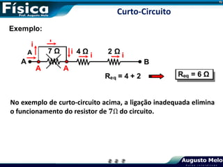 No exemplo de curto-circuito acima, a ligação inadequada elimina
o funcionamento do resistor de 𝟕Ω do circuito.
Curto-Circuito
 