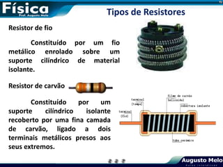 Resistor de fio
Constituído por um fio
metálico enrolado sobre um
suporte cilíndrico de material
isolante.
Resistor de carvão
Constituído por um
suporte cilíndrico isolante
recoberto por uma fina camada
de carvão, ligado a dois
terminais metálicos presos aos
seus extremos.
Tipos de Resistores
 