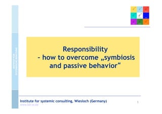 1
Institute for systemic consulting, Wiesloch (Germany)
www.isb-w.de
Responsibility
– how to overcome „symbiosis
and passive behavior“
The content on this slide is licensed under a Creative Commons Attribution 3.0 License. Creative Commons Namensnennung 3.0 Deutschland Lizenz.
to watch on youtube, see details below
 