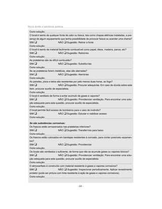 Riscos devido à substâncias químicas

 Outra solução:
 O local é isento de qualquer fonte de calor ou faisca, tais como chapas elétricas instaladas, a pre-
 sença de algum equipamento que tenha possibilidade de provocar faísca ou acender uma chama?
 SIM u                        NÃO u Sugestão: Retirar a fonte
 Outra solução:
 O local é isento de material facilmente combustível como papel, óleos, madeira, panos, etc?
 SIM u                        NÃO u Sugestão: Retirá-los
 Outra solução:
 As prateleiras são de difícil combustão?
 SIM u                        NÃO u Sugestão: Substituí-las
 Outra solução:
 Se as prateleiras forem metálicas, elas são aterradas?
 SIM u                        NÃO u Sugestão: Aterrá-las
 Outra solução:
 As paredes, pisos e tetos são resistentes por pelo menos duas horas, ao fogo?
 SIM u                        NÃO u Sugestão: Procurar adequá-las. Em caso de dúvida sobre este
 item, procurar auxílio de especialista.
 Outra solução:
 O local é ventilado de forma a evitar acúmulo de gases e vapores?
 SIM u                        NÃO u Sugestão: Providenciar ventilação. Para encontrar uma solu-
 ção adequada para esta questão, procurar auxílio de especialista.
 Outra solução:
 O local permite fácil acesso de bombeiros para o caso de incêndio?
 SIM u                        NÃO u Sugestão: Estudar e viabilizar acesso
 Outra solução:

 Se são substâncias corrosivas:
 Os frascos estão armazenados nas prateleiras inferiores?
 SIM u                       NÃO u Sugestão: Transferí-los para baixo
 Outra solução:
 Os frascos estão colocados em bandejas resistentes à corrosão, para conter possíveis vazamen-
 tos?
 SIM u                       NÃO u Sugestão: Providenciar
 Outra solução:
 Os locais são ventilados o suficiente, de forma que não se acumule gases ou vapores tóxicos?
 SIM u                       NÃO u Sugestão: Providenciar ventilação. Para encontrar uma solu-
 ção adequada para esta questão, procurar auxílio de especialista.
 Outra solução:
 O almoxarifado é construído com material resistente à gases e vapores corrosivos?
 SIM u                       NÃO u Sugestão: Inspecionar periodicamente. Aplicar revestimento
 protetor (pode ser pintura com tinta resistente à ação de gases e vapores corrosivos).
 Outra solução:


                                                -24 -
 
