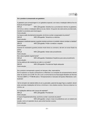 Se o produto é armazenado em geladeira:


A geladeira para armazenagem é um geladeira especial, com toda a instalação elétrica fora do
local de armazenagem?
SIM u                        NÃO u Sugestão: Substituí-la ou providenciar reforma na geladeira,
de forma a retirar a instalação elétrica do seu interior. Enquanto isto está sendo providenciado,
transferir os produtos para local seguro.
Outra solução:
Os frascos estão devidamente tampados, de forma a evitar a evaporação do produto?
SIM u                        NÃO u Sugestão: Tampá-los ou retirá-los.
Outra solução:
Ageladeira é destinada apenas a guardar produtos químicos e é proibido colocar comidas ou bebidas?
SIM u                        NÃO u Sugestão: Proibir e sinalizar a respeito
Outra solução:
Quando for necessário guardar produto muito tóxico ou corrosivo, ela tem um aviso fixado na
porta?
SIM u                        NÃO u Sugestão: Adotar este procedimento
Outra solução:
Ela é descongelada regularmente?
SIM u                        NÃO u Sugestão: Estabelecer freqüência para este procedimento
Outra solução:
Os fios elétricos são resistentes ao calor e a corrosão?
SIM u                        NÃO u Sugestão: Providenciar fiação adequada
Outra solução:


Se o produto é armazenado a granel, em tanques, silos, reservatórios.
Se for explosivo ou líquido combustível ou inflamável, as condições de armazenamento devem
estar de acordo com as NR 19 e 20 e com a norma técnica da Associação Brasileira de Normas
Técnicas (ABNT) n.º P-NB-98 sobre o “Armazenamento e manuseio de líquidos inflamáveis e com-
bustíveis”.


Se for armazém de material sólido em pó ou granulado, passível de pegar fogo ou explodir, devem
estar previstas instalações de forma a minimizar o risco destes eventos. Deve-se observar no
mínimo, se:

As instalações elétricas são à prova de explosão?
SIM u                      NÃO u Sugestão: Providenciar
Outra solução:
O local é freqüentemente limpo, de forma a evitar o acúmulo de poeira?
SIM u                      NÃO u Sugestão: Limpar o local, de preferência com um sistema de
sucção, como um aspirador de pó, para evitar levantar a poeira.
Outra solução:


                                              -25 -
 
