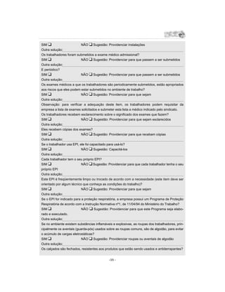 SIM u                      NÃO u Sugestão: Providenciar instalações
Outra solução:
Os trabalhadores foram submetidos a exame médico admissional?
SIM u                      NÃO u Sugestão: Providenciar para que passem a ser submetidos
Outra solução:
E periódico?
SIM u                      NÃO u Sugestão: Providenciar para que passem a ser submetidos
Outra solução:
Os exames médicos a que os trabalhadores são periodicamente submetidos, estão apropriados
aos riscos que eles podem estar submetidos no ambiente de trabalho?
SIM u                      NÃO u Sugestão: Providenciar para que sejam
Outra solução:
Observação: para verificar a adequação deste item, os trabalhadores podem requisitar da
empresa a lista de exames solicitados e submeter esta lista a médico indicado pelo sindicato.
Os trabalhadores recebem esclarecimento sobre o significado dos exames que fazem?
SIM u                      NÃO u Sugestão: Providenciar para que sejam esclarecidos
Outra solução:
Eles recebem cópias dos exames?
SIM u                      NÃO u Sugestão: Providenciar para que recebam cópias
Outra solução:
Se o trabalhador usa EPI, ele foi capacitado para usá-lo?
SIM u                      NÃO u Sugestão: Capacitá-los
Outra solução:
Cada trabalhador tem o seu próprio EPI?
SIM u                      NÃO u Sugestão: Providenciar para que cada trabalhador tenha o seu
próprio EPI
Outra solução:
Este EPI é freqüentemente limpo ou trocado de acordo com a necessidade (este item deve ser
orientado por algum técnico que conheça as condições do trabalho)?
SIM u                      NÃO u Sugestão: Providenciar para que sejam
Outra solução:
Se o EPI for indicado para a proteção respiratória, a empresa possui um Programa de Proteção
Respiratória de acordo com a Instrução Normativa nº1, de 11/04/94 do Ministério do Trabalho?
SIM u                      NÃO u Sugestão: Providenciar para que este Programa seja elabo-
rado e executado.
Outra solução:
Se no ambiente existem substâncias inflamáveis e explosivas, as roupas dos trabalhadores, prin-
cipalmente os aventais (guarda-pós) usados sobre as roupas comuns, são de algodão, para evitar
o acúmulo de cargas eletrostáticas?
SIM u                      NÃO u Sugestão: Providenciar roupas ou aventais de algodão
Outra solução:
Os calçados são fechados, resistentes aos produtos que estão sendo usados e antiderrapantes?


                                             -35 -
 