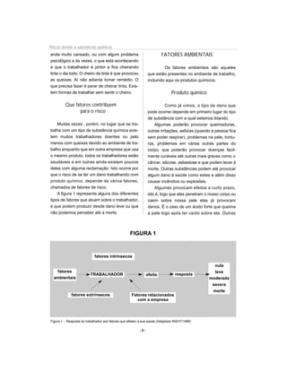 Riscos devido à substâncias químicas
anda muito cansado, ou com algum problema                               FATORES AMBIENTAIS
psicológico e às vezes, o que está acontecendo
é que o trabalhador é pintor e fica cheirando                           Os fatores ambientais são aqueles
tinta o dia todo. O cheiro da tinta é que provocou             que estão presentes no ambiente de trabalho,
as queixas. Aí não adianta tomar remédio. O                    incluindo aqui os produtos químicos.
que precisa fazer é parar de cheirar tinta. Exis-
tem formas de trabalhar sem sentir o cheiro.                                  Produto químico

         Que fatores contribuem                                           Como já vimos, o tipo de dano que
               para o risco                                    pode ocorrer depende em primeiro lugar do tipo
                                                               de substância com a qual estamos lidando.
    Muitas vezes , porém, no lugar que se tra-                     Algumas poderão provocar queimaduras,
balha com um tipo de substância química exis-                  outras irritações, asfixias (quando a pessoa fica
tem muitos trabalhadores doentes ou pelo                       sem poder respirar), problemas na pele, tontu-
menos com queixas devido ao ambiente de tra-                   ras, problemas em várias outras partes do
balho enquanto que em outra empresa que usa                    corpo, que poderão provocar doenças facil-
o mesmo produto, todos os trabalhadores estão                  mente curáveis até outras mais graves como o
saudáveis e em outras ainda existem poucos                     câncer, silicose, asbestose e que podem levar à
deles com alguma reclamação. Isto ocorre por                   morte. Outras substâncias podem até provocar
que o risco de se ter um dano trabalhando com                  algum dano à saúde como estes e além disso
produto químico, depende de vários fatores,                    causar incêndios ou explosões.
chamados de fatores de risco.                                      Algumas provocam efeitos a curto prazo,
    A figura 1 representa alguns dos diferentes                isto é, logo que elas penetram o nosso corpo ou
tipos de fatores que atuam sobre o trabalhador,                caem sobre nossa pele elas já provocam
e que podem produzir desde dano leve ou que                    danos. Ë o caso de um ácido forte que queima
não podemos perceber até a morte.                              a pele logo após ter caído sobre ela. Outras



                                                   FIGURA 1



                            fatores intrínsecos

                                                                                                   nula
   fatores                                                                                         leve
                         TRABALHADOR                           efeito           resposta
  ambientais                                                                                     moderada
                                                                                                  severa
                                                                                                  morte
             fatores extrínsecos                    Fatores relacionados
                                                       com a empresa




Figura 1 - Resposta do trabalhador aos fatores que afetam a sua saúde (Adaptado INSHT/1989)

                                                         -8-
 
