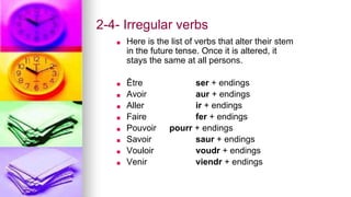 2-4- Irregular verbs
■ Here is the list of verbs that alter their stem
in the future tense. Once it is altered, it
stays the same at all persons.
■ Être ser + endings
■ Avoir aur + endings
■ Aller ir + endings
■ Faire fer + endings
■ Pouvoir pourr + endings
■ Savoir saur + endings
■ Vouloir voudr + endings
■ Venir viendr + endings
 
