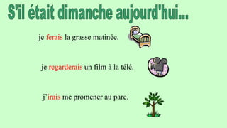 je ferais la grasse matinée.
je regarderais un film à la télé.
j’irais me promener au parc.
 