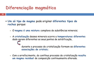 Diferenciação magmática
25



     Um só tipo de magma pode originar diferentes tipos de
     rochas porque:

        O magma é uma mistura complexa de substâncias minerais;

        A cristalização desses minerais ocorre a temperaturas diferentes
        dado serem diferentes os seus pontos de solidificação,


                durante o processo de cristalização formam-se diferentes
                associações de cristais;

        Com o arrefecimento, do contínuo processo de cristalização resulta
        um magma residual de composição continuamente alterada.
 