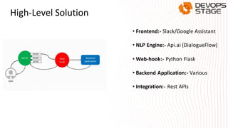 High-Level Solution
• Frontend:- Slack/Google Assistant
• NLP Engine:- Api.ai (DialogueFlow)
• Web-hook:- Python Flask
• Backend Application:- Various
• Integration:- Rest APIs
 