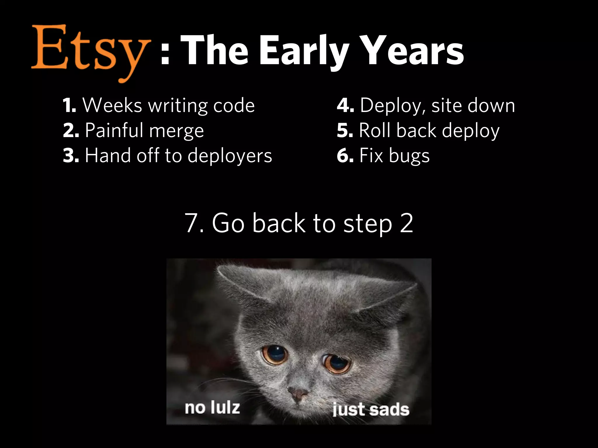 : The Early Years
1. Weeks writing code     4. Deploy, site down
2. Painful merge          5. Roll back deploy
3. Hand oﬀ to deployers   6. Fix bugs


             7. Go back to step 2
 