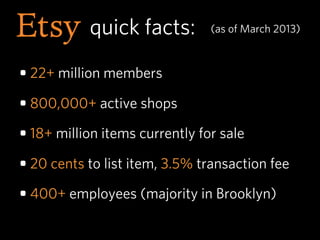 quick facts:         (as of March 2013)



• 22+ million members

• 800,000+ active shops

• 18+ million items currently for sale

• 20 cents to list item, 3.5% transaction fee

• 400+ employees (majority in Brooklyn)
 