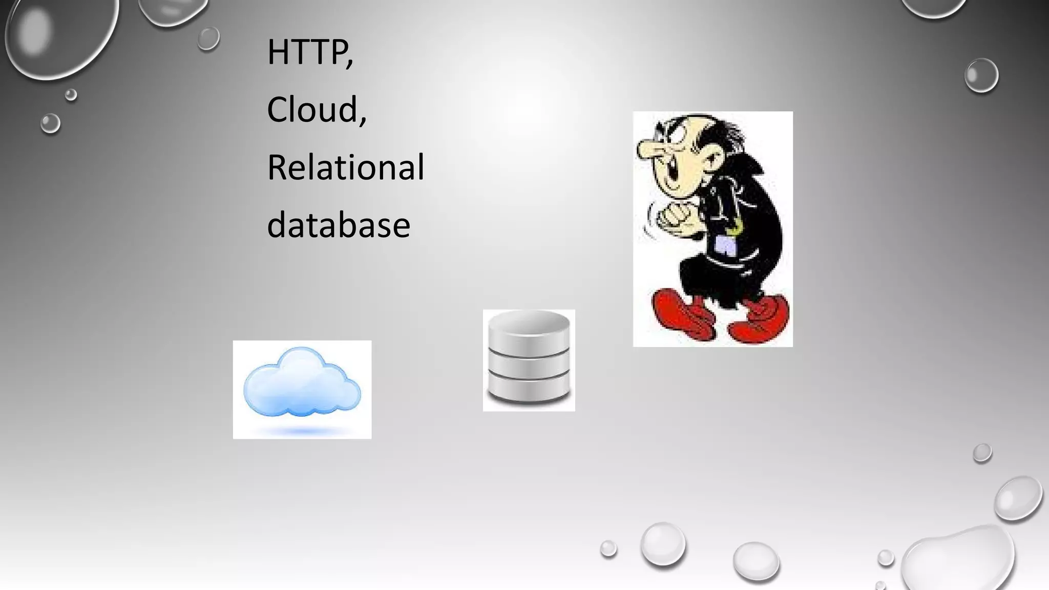 HTTP,
Cloud,
Relational
database
 