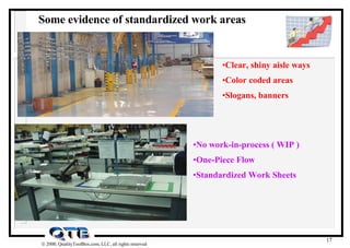 Some evidence of standardized work areas <ul><li>Clear, shiny aisle ways </li></ul><ul><li>Color coded areas </li></ul><ul...