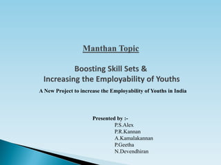 A New Project to increase the Employability of Youths in India
Presented by :-
P.S.Alex
P.R.Kannan
A.Kamalakannan
P.Geetha
N.Devendhiran
 
