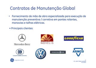 Contratos de Manutenção Global
• Fornecimento de mão de obra especializada para execução de
  manutenção preventiva / corretiva em pontes rolantes,
  monovias e talhas elétricas.

• Principais clientes:




                                                                        13
                                                  GE LatAm Metals workshop
                                                                 6/11/2012
 