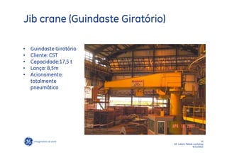 Jib crane (Guindaste Giratório)

•   Guindaste Giratório
•   Cliente: CST
•   Capacidade:17,5 t
•   Lança: 8,5m
•   Acionamento:
    totalmente
    pneumático




                                                        15
                                  GE LatAm Metals workshop
                                                 6/11/2012
 