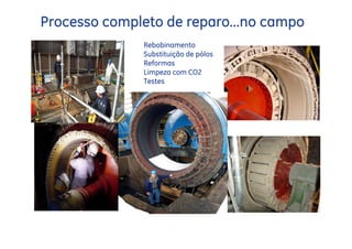 Processo completo de reparo...no campo
              Rebobinamento
              Substituição de pólos
              Reformas
              Limpeza com CO2
              Testes
 