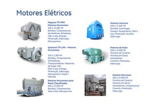 Motores Elétricos
         Pegasus TM MHV              Motores Verticais
         Motores Horizontais         500 a 12.500 HP
         500 a 22.000 HP             Bombas Centrifugas
         Bombas, Compressores,       Energia, Saneamento, Oleo e
         Ventiladores, Britadores,   Gas, Mineração, Nuclear,
         Oleo e Gas, Energia,        Siderurgia
         Mineração, Siderurgia,
         Petroquimica

         Quantum TM LMV – Motores    Motores de Anéis
         Horizontais                 500 a 15.000 HP
                                     Moinhos de Cimento,
         350 a 2.000 HP              Moinhos em Geral,
         Bombas, Compressores,       Ventiladores
         Ventiladores,               Cimento, Mineração,
         Transportadores, Maquinas   Siderurgia
         de Papel, VFD
         Oleo e Gas, Energia,
         Mineração, Siderurgia,
         Petroquimica, Papel e         Motores Síncronos
         Celulose                      500 a 15.000 HP
         Motores Horizontais para      Moinhos de Cimento,
         Áreas Classificadas           Moinhos em Geral,
         500 a 22.000 HP               Ventiladores, Compressores
         Bombas, Compressores          Cimento, Mineração,
         Oleo e Gas, Petroquimica      Siderurgia
 