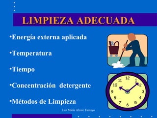 LIMPIEZA ADECUADA Energía externa aplicada Temperatura Tiempo Concentración  detergente Métodos de Limpieza 