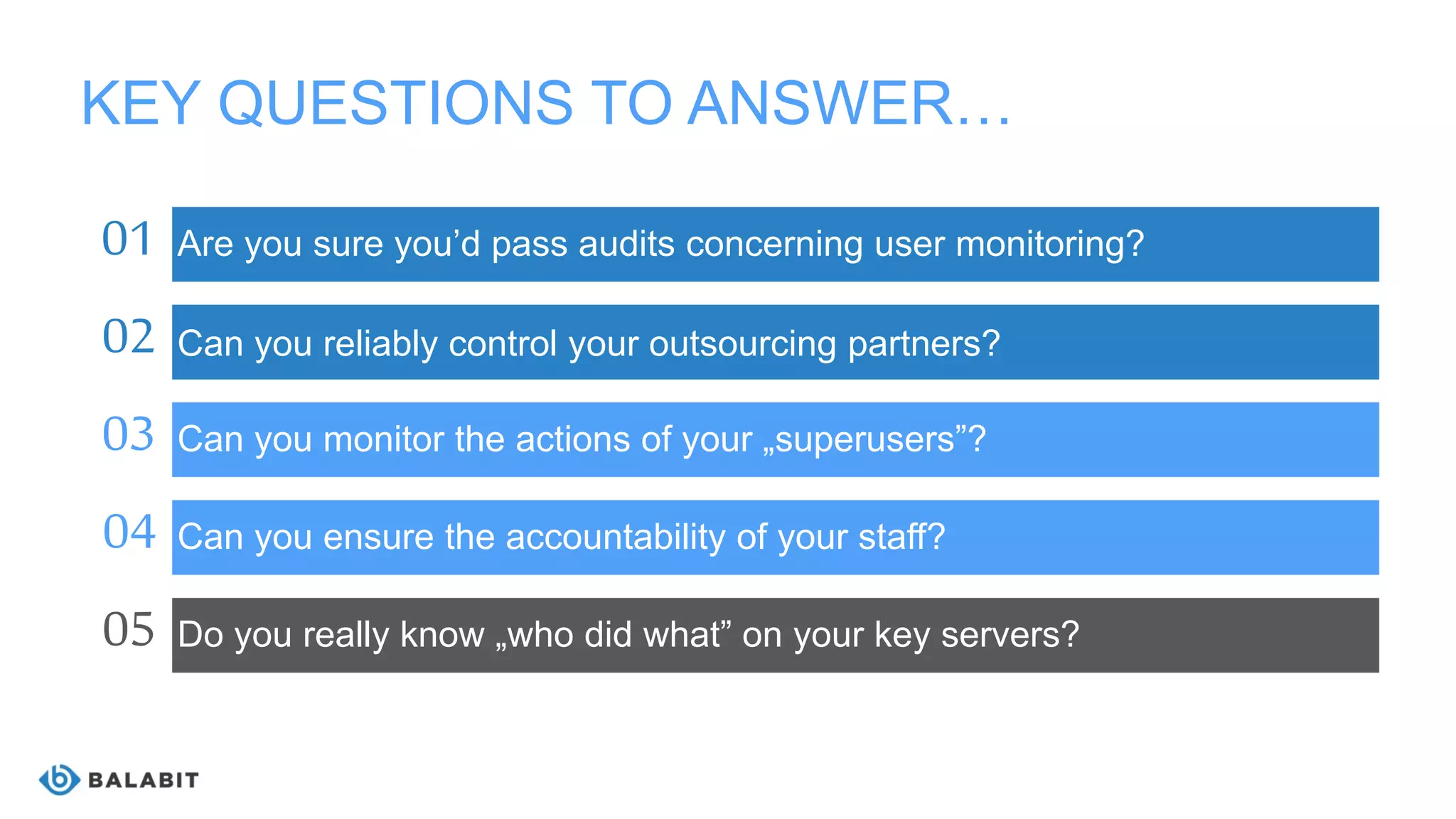 KEY QUESTIONS TO ANSWER…
Can you ensure the accountability of your staff?
Can you monitor the actions of your „superusers”?
Can you reliably control your outsourcing partners?
Do you really know „who did what” on your key servers?
Are you sure you’d pass audits concerning user monitoring?01
02
03
04
05
 