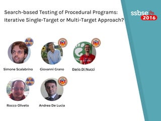 Search-based Testing of Procedural Programs:
Iterative Single-Target or Multi-Target Approach?
Andrea De LuciaRocco Oliveto
Dario Di NucciSimone Scalabrino Giovanni Grano
 