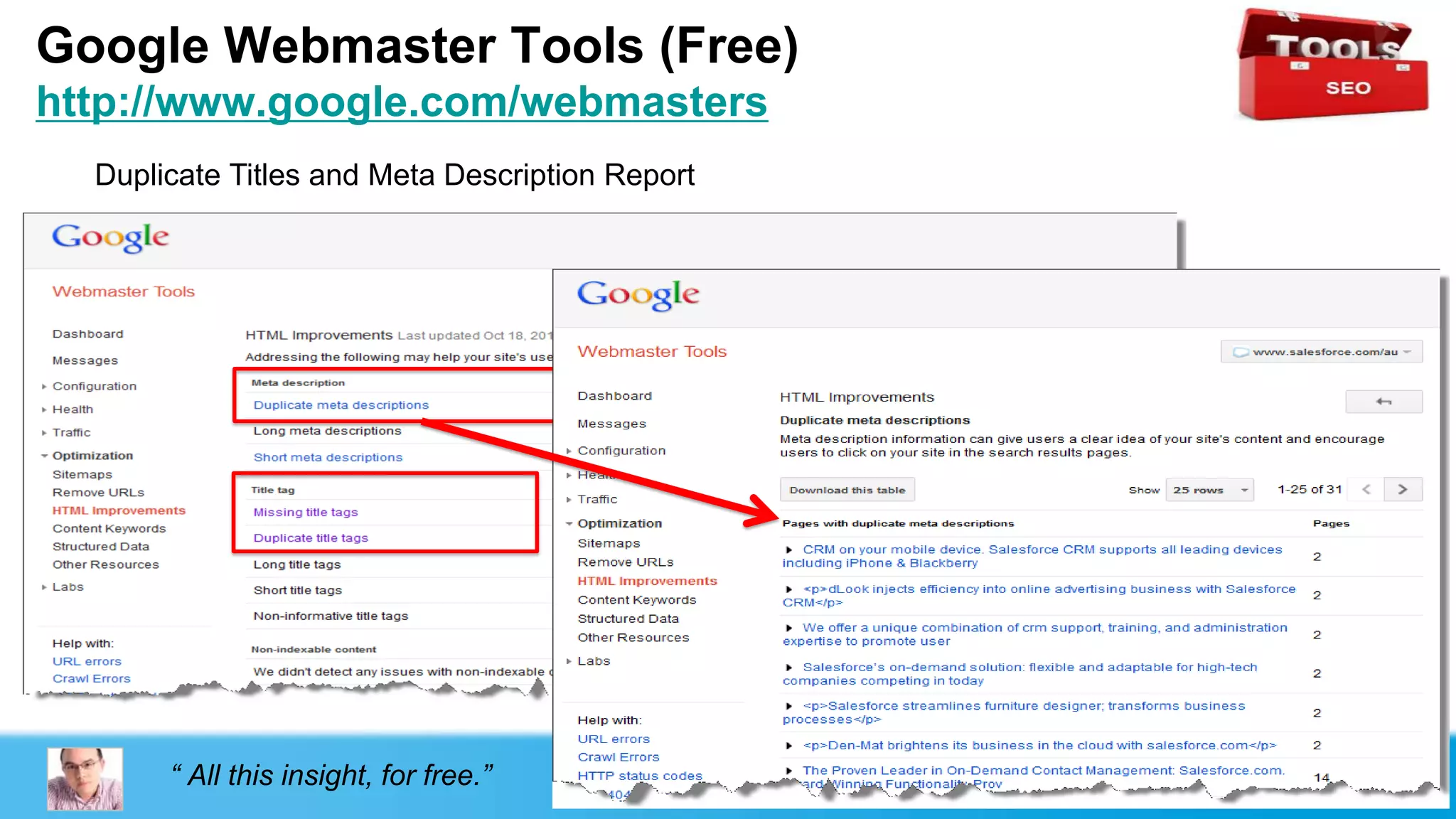Google Webmaster Tools (Free)
http://www.google.com/webmasters
  Duplicate Titles and Meta Description Report




       “ All this insight, for free.”
 