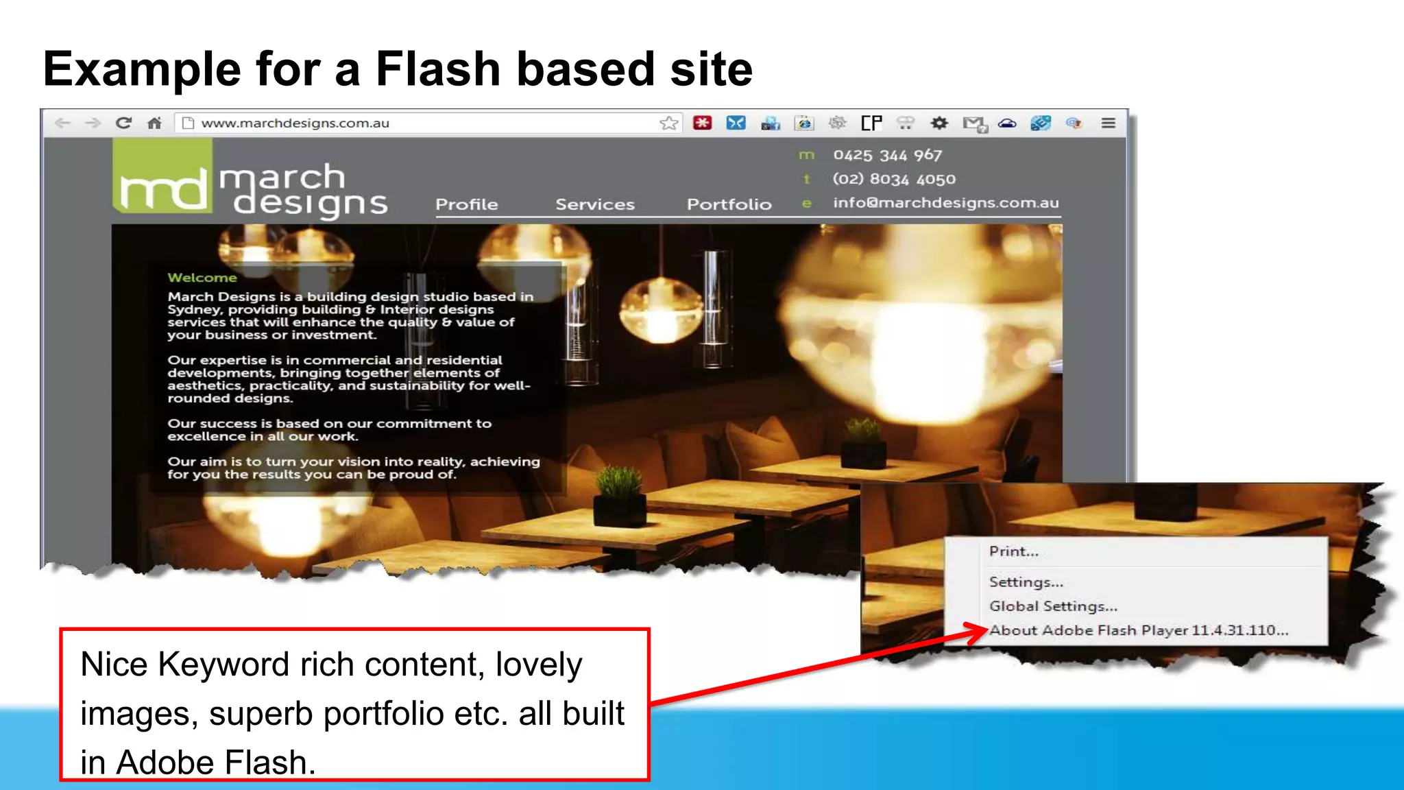 Example for a Flash based site




 Nice Keyword rich content, lovely
 images, superb portfolio etc. all built
 in Adobe Flash.
 