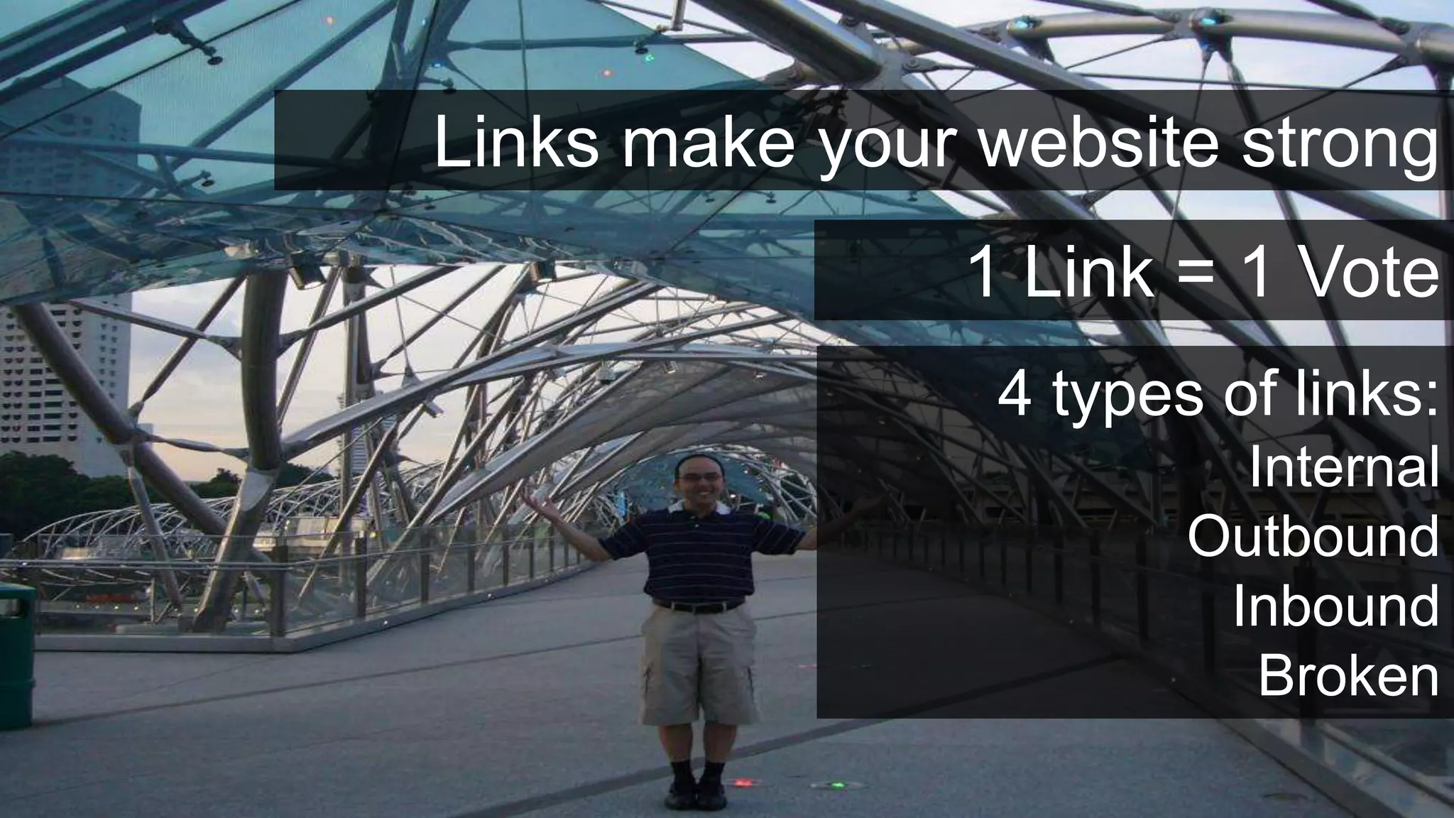 Links make your website strong
               1 Link = 1 Vote
                4 types of links:
                         Internal
                       Outbound
                        Inbound
                          Broken
 