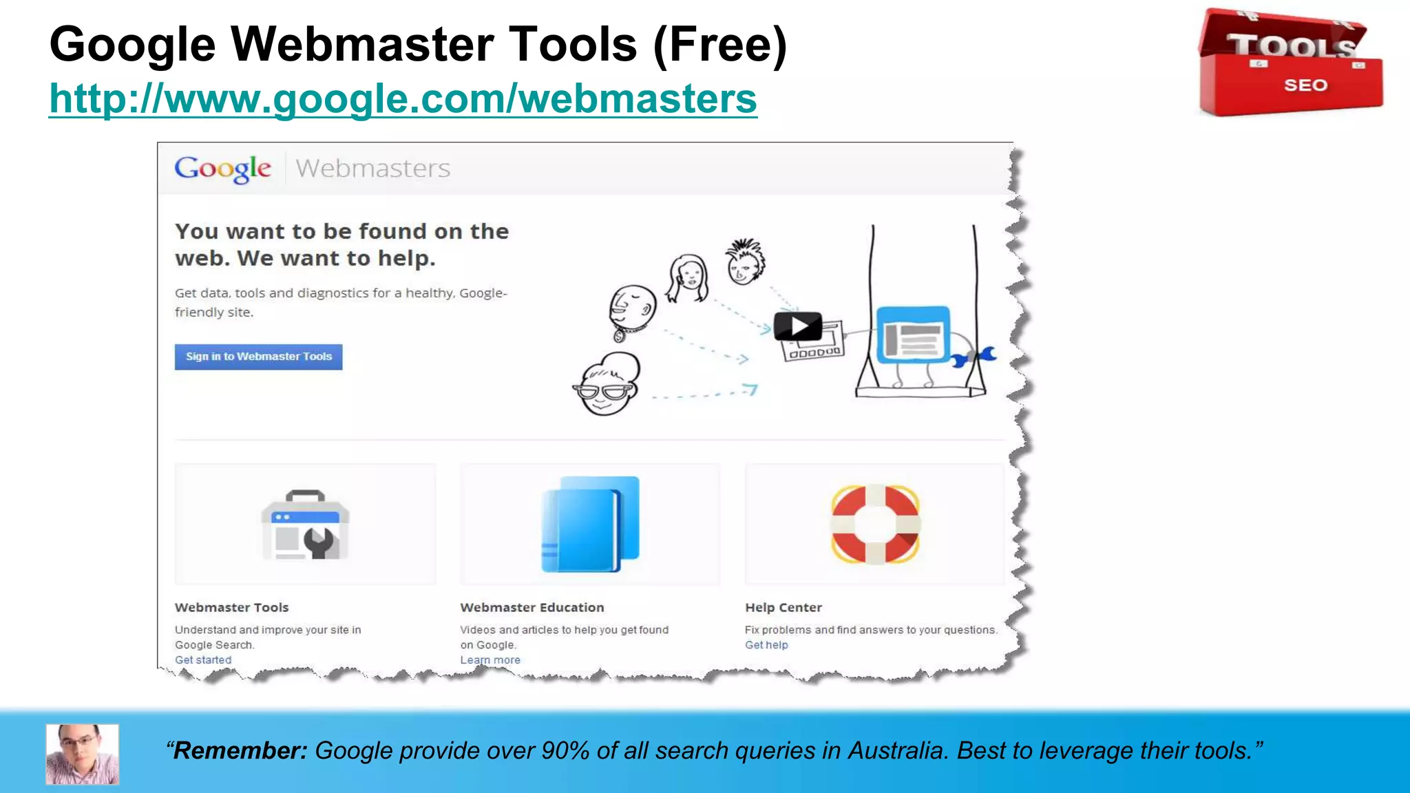 Google Webmaster Tools (Free)
http://www.google.com/webmasters




     “Remember: Google provide over 90% of all search queries in Australia. Best to leverage their tools.”
 