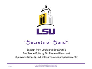 07/29/14 LOUISIANA STATE UNIVERSITY 1
“Secrets of Sand”
Excerpt from Louisiana SeaGrant’s
SeaScope Folio by Dr. Pamela Blanchard
http://www.lamer.lsu.edu/classroom/seascope/index.htm
 