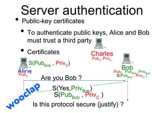 Server authentication
• Public-key certificates
• To authenticate public keys, Alice and Bob
must trust a third party
• Ce...
