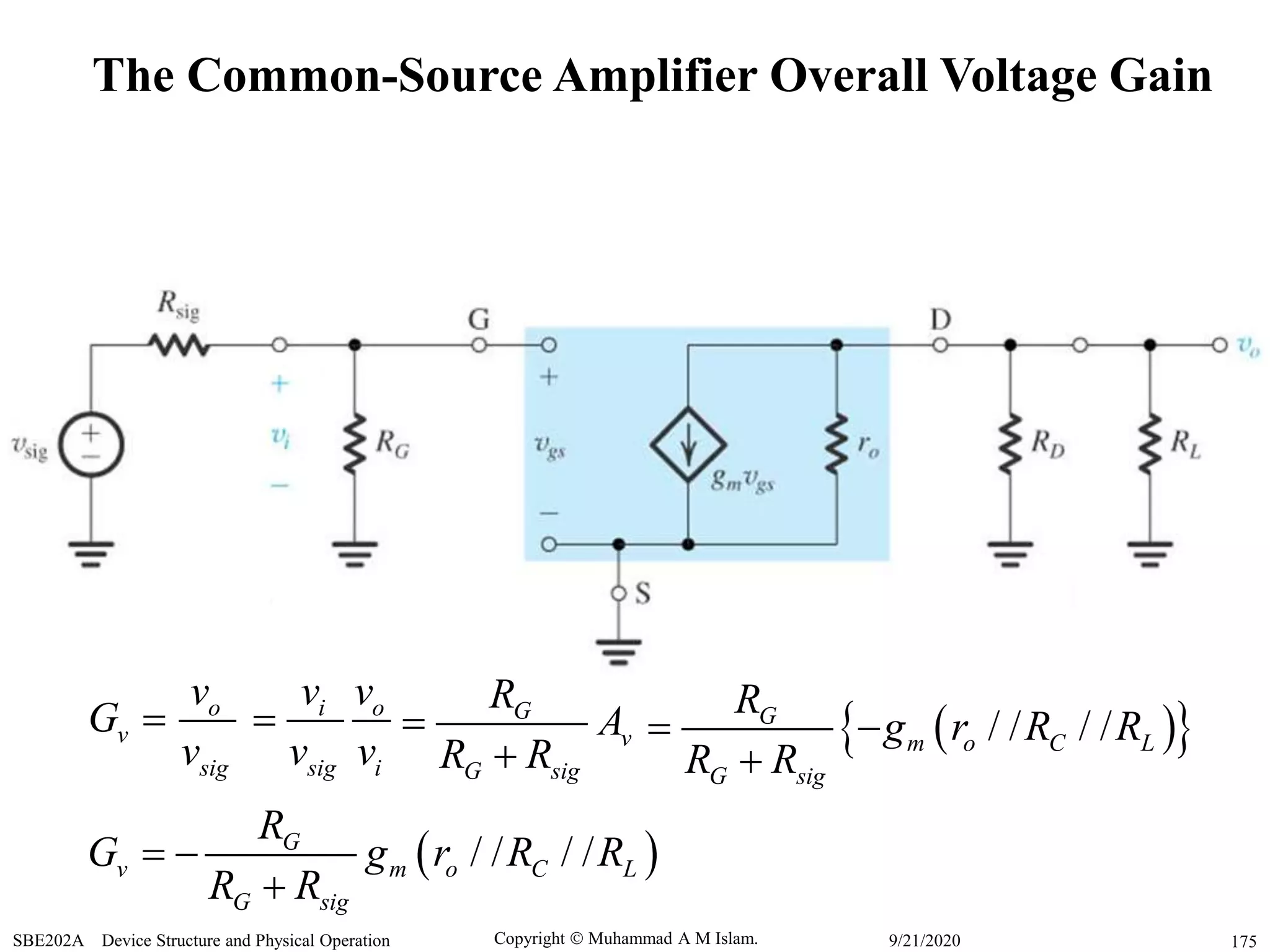 Copyright  Muhammad A M Islam.SBE202A Device Structure and Physical Operation 1759/21/2020
vG 
The Common-Source Amplifier Overall Voltage Gain
o
sig
v
v
i o
sig i
v v
v v
 G
v
G sig
R
A
R R


  / / / /G
m o C L
G sig
R
g r R R
R R
 

 / / / /G
v m o C L
G sig
R
G g r R R
R R
 

 