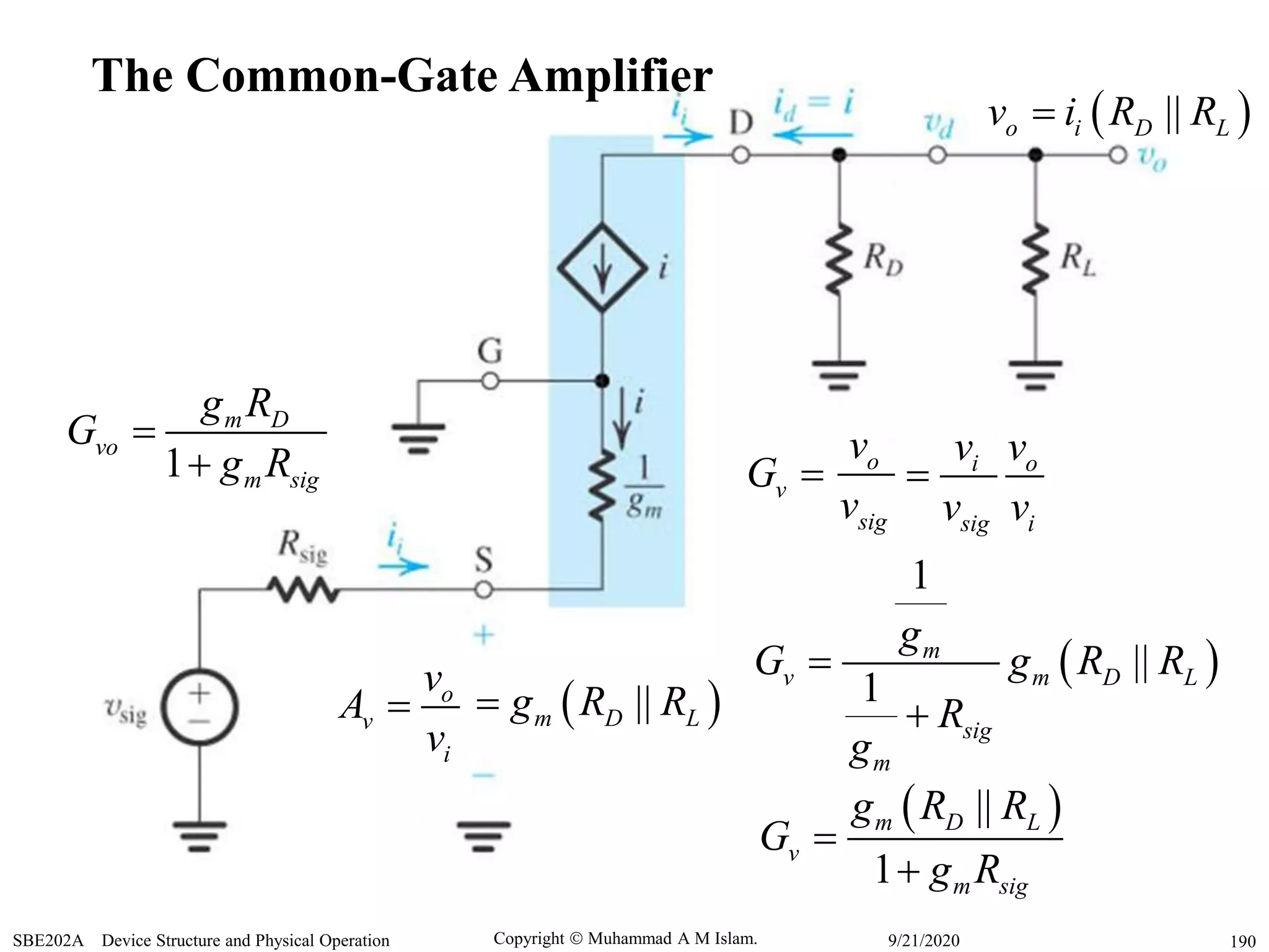 Copyright  Muhammad A M Islam.SBE202A Device Structure and Physical Operation 1909/21/2020
vG 
The Common-Gate Amplifier
 ||o i D Lv i R R
o
sig
v
v
i o
sig i
v v
v v

 
1
||
1
m
v m D L
sig
m
g
G g R R
R
g


 ||
1
m D L
v
m sig
g R R
G
g R


voG 
1
m D
m sig
g R
g R
o
v
i
v
A
v
  ||m D Lg R R
 