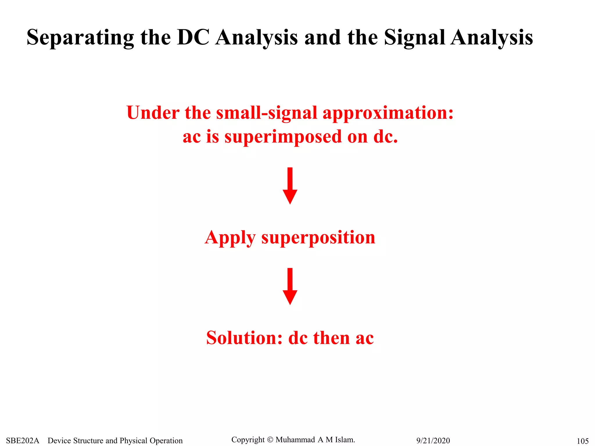 Copyright  Muhammad A M Islam.SBE202A Device Structure and Physical Operation 1059/21/2020
Separating the DC Analysis and the Signal Analysis
Under the small-signal approximation:
ac is superimposed on dc.
Apply superposition
Solution: dc then ac
 