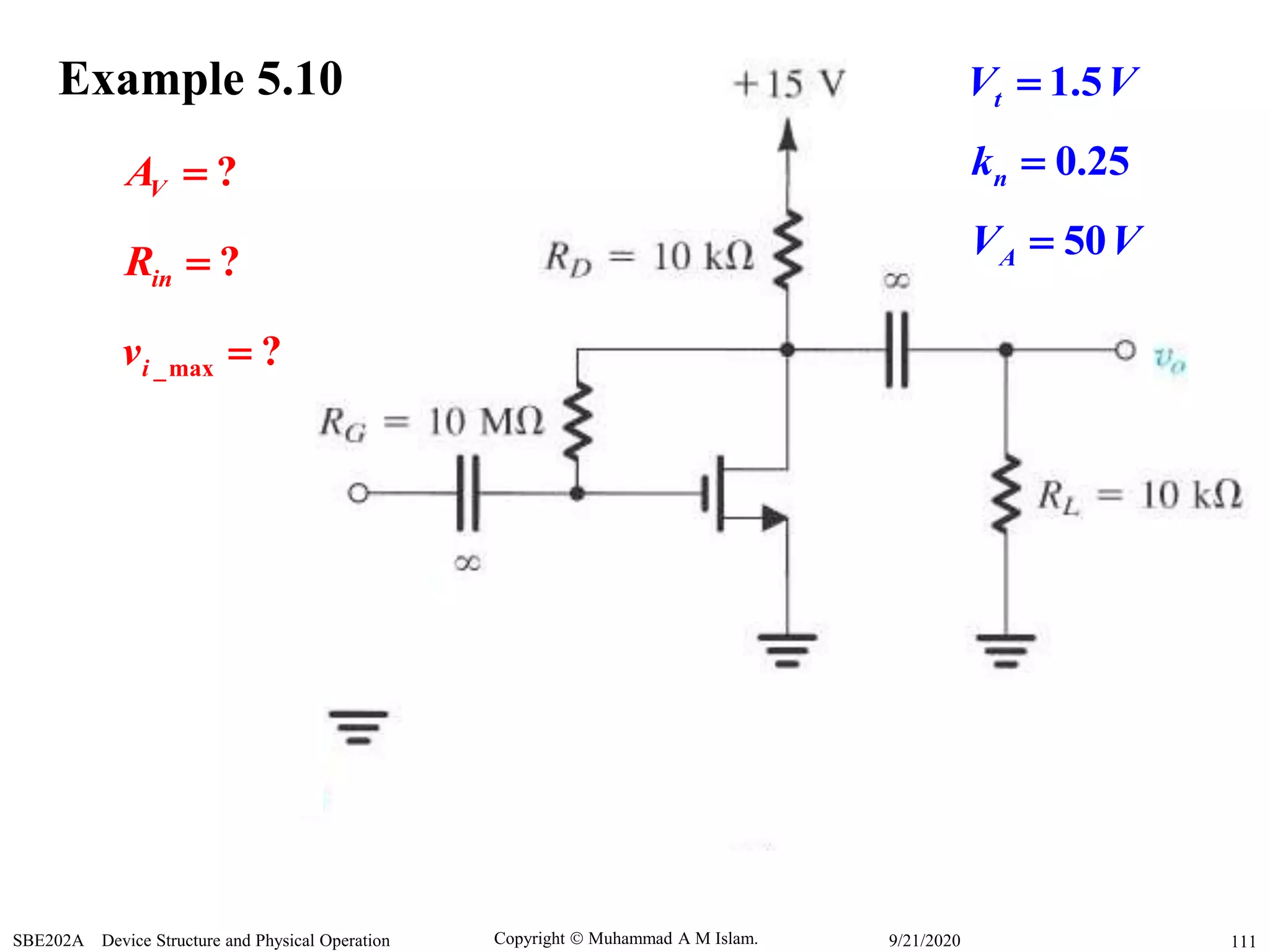 Copyright  Muhammad A M Islam.SBE202A Device Structure and Physical Operation 1119/21/2020
Example 5.10
?VA 
?inR 
_max ?iv 
1.5tV V
0.25nk 
50AV V
 
