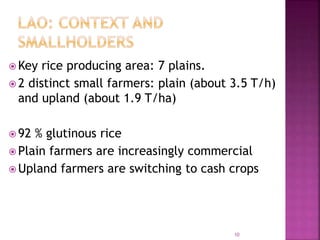  Key rice producing area: 7 plains.
 2 distinct small farmers: plain (about 3.5 T/h)
and upland (about 1.9 T/ha)
 92 % glutinous rice
 Plain farmers are increasingly commercial
 Upland farmers are switching to cash crops
10
 