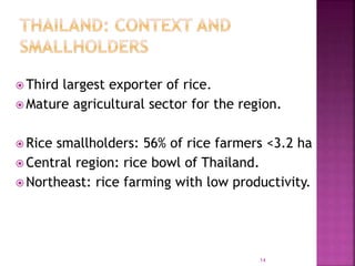  Third largest exporter of rice.
 Mature agricultural sector for the region.
 Rice smallholders: 56% of rice farmers <3.2 ha
 Central region: rice bowl of Thailand.
 Northeast: rice farming with low productivity.
14
 