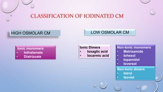 CLASSIFICATION OF IODINATED CM
HIGH OSMOLAR CM LOW OSMOLAR CM
Ionic monomers
• Iothalamate
• Diatrizoate
Ionic Dimers
• Ioxaglic acid
• Iocarmic acid
Non-Ionic monomers
• Metrizamide
• Iohexol
• Iopamidol
• Ioversol
Non-Ionic dimers
• Iotrol
• Isovist
 