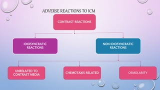 ADVERSE REACTIONS TO ICM
CONTRAST REACTIONS
IDIOSYNCRATIC
REACTIONS
NON IDIOSYNCRATIC
REACTIONS
CHEMOTAXIS RELATED
UNRELATED TO
CONTRAST MEDIA
OSMOLARITY
 