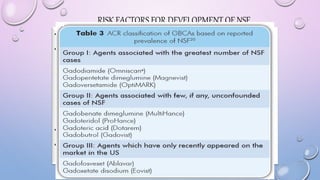 RISK FACTORS FOR DEVELOPMENT OF NSF
• Acute kidney disease / CKD
• Co factors:
• Acidosis
• Increased iron
• Immunosuppresion
• Vasculopathy
• EPO therapy
• Reported for all GBCAS, MC with gadodiamide.
• Based on the prevalence of NSF, GBCAS are classified
(ACR) into three groups
 