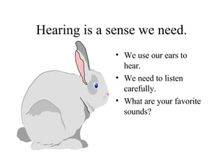 Hearing is a sense we need. We use our ears to hear. We need to listen carefully. What are your favorite sounds? 