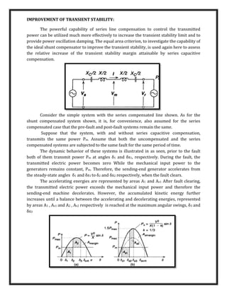 IMPROVEMENT OF TRANSIENT STABILITY:
The powerful capability of series line compensation to control the transmitted
power can be utilized much more effectively to increase the transient stability limit and to
provide power oscillation damping. The equal area criterion, to investigate the capability of
the ideal shunt compensator to improve the transient stability, is used again here to assess
the relative increase of the transient stability margin attainable by series capacitive
compensation.
Consider the simple system with the series compensated line shown. As for the
shunt compensated system shown, it is, for convenience, also assumed for the series
compensated case that the pre-fault and post-fault systems remain the same.
Suppose that the system, with and without series capacitive compensation,
transmits the same power Pm. Assume that both the uncompensated and the series
compensated systems are subjected to the same fault for the same period of time.
The dynamic behavior of these systems is illustrated in as seen, prior to the fault
both of them transmit power Pm at angles δ1 and δs1, respectively. During the fault, the
transmitted electric power becomes zero While the mechanical input power to the
generators remains constant, Pm. Therefore, the sending-end generator accelerates from
the steady-state angles δ1 and δs1 to δ2 and δs2 respectively, when the fault clears.
The accelerating energies are represented by areas A1 and As1 After fault clearing,
the transmitted electric power exceeds the mechanical input power and therefore the
sending-end machine decelerates. However, the accumulated kinetic energy further
increases until a balance between the accelerating and decelerating energies, represented
by areas A1 , As1 and A2 , As2 respectively is reached at the maximum angular swings, δ3 and
δs3
 