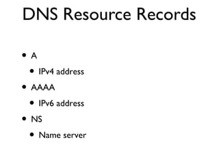 DNS Resource Records 
• A 
• IPv4 address 
• AAAA 
• IPv6 address 
• NS 
• Name server 
 
