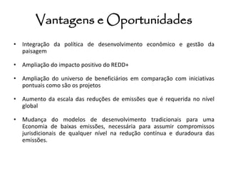 Vantagens e Oportunidades 
•Integração da política de desenvolvimento econômico e gestão da paisagem 
•Ampliação do impacto positivo do REDD+ 
•Ampliação do universo de beneficiários em comparação com iniciativas pontuais como são os projetos 
•Aumento da escala das reduções de emissões que é requerida no nível global 
•Mudança do modelos de desenvolvimento tradicionais para uma Economia de baixas emissões, necessária para assumir compromissos jurisdicionais de qualquer nível na redução contínua e duradoura das emissões.  