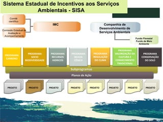 Sistema Estadual de Incentivos aos Serviços Ambientais - SISA 
PROJETO 
PROJETO 
PROJETO 
PROJETO Subprogramas 
PROJETO 
Planos de Ação 
IMC 
Comissão Estadual de Avaliação e Acompanhamento 
Comitê científico 
Companhia de Desenvolvimento de Serviços Ambientais PROGRAMA BELEZA CÊNICA PROGRAMA CONSERVAÇÃO DO SOLO 
PROJETO 
PROJETO 
PROJETO PROGRAMA RECURSOS HIDRICOS PROGRAMA REGULAÇÃO DO CLIMA PROGRAMA VALORIZAÇÃO DA CULTURA E CONHECIMENTO TRADICIONAL PROGRAMA CARBONO PROGRAMA SOCIO BIODIVERSIDADE 
Fundo Florestal 
Fundo de Meio Ambiente  